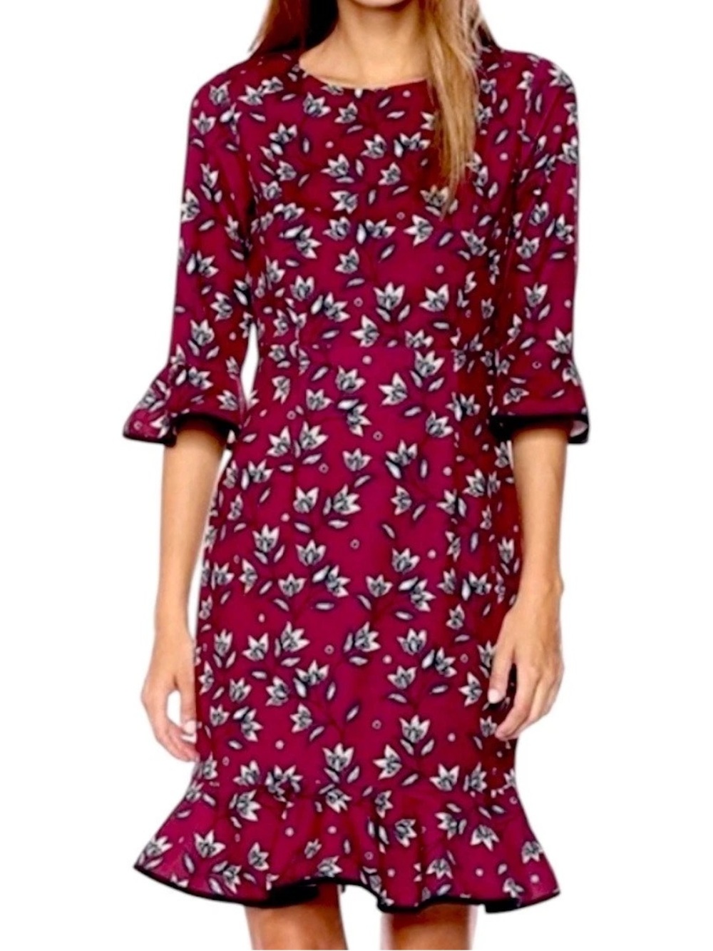 Nanette Lepore Burgundy Floral Ruffle-Hem Long Sleeve Dress